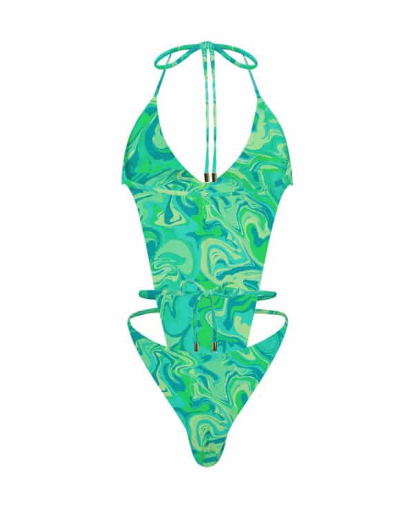 HALTER V NECK FRONT TIE ONE PIECE GREEN SWIRL
