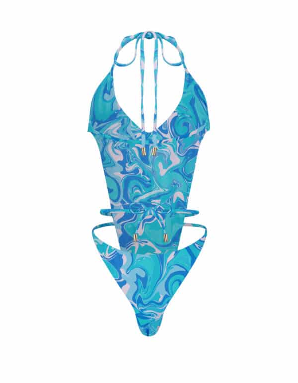 HALTER V NECK FRONT TIE ONE PIECE BLUE SWIRL