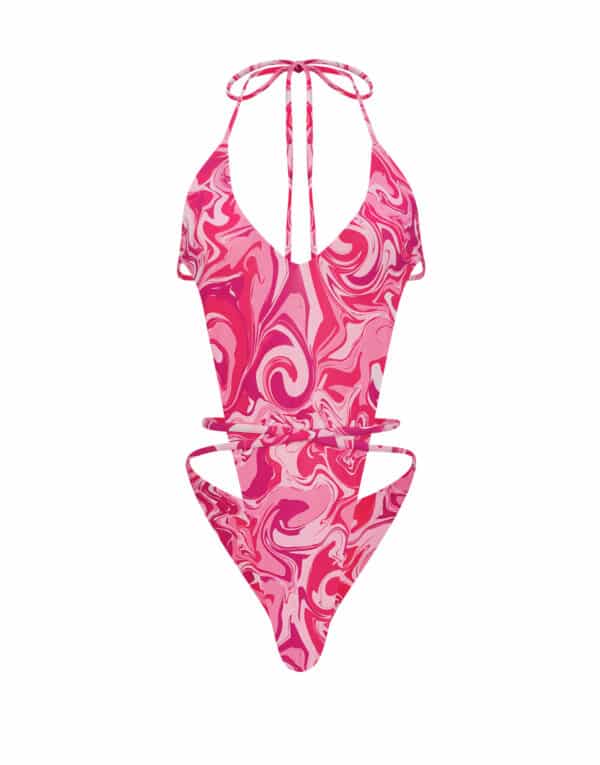 HALTER V NECK FRONT TIE ONE PIECE PINK SWIRL